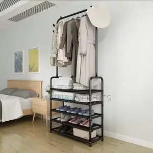 Photo - Cloth Storage Rack Floor Standing Shelf Hook Shoe Rack