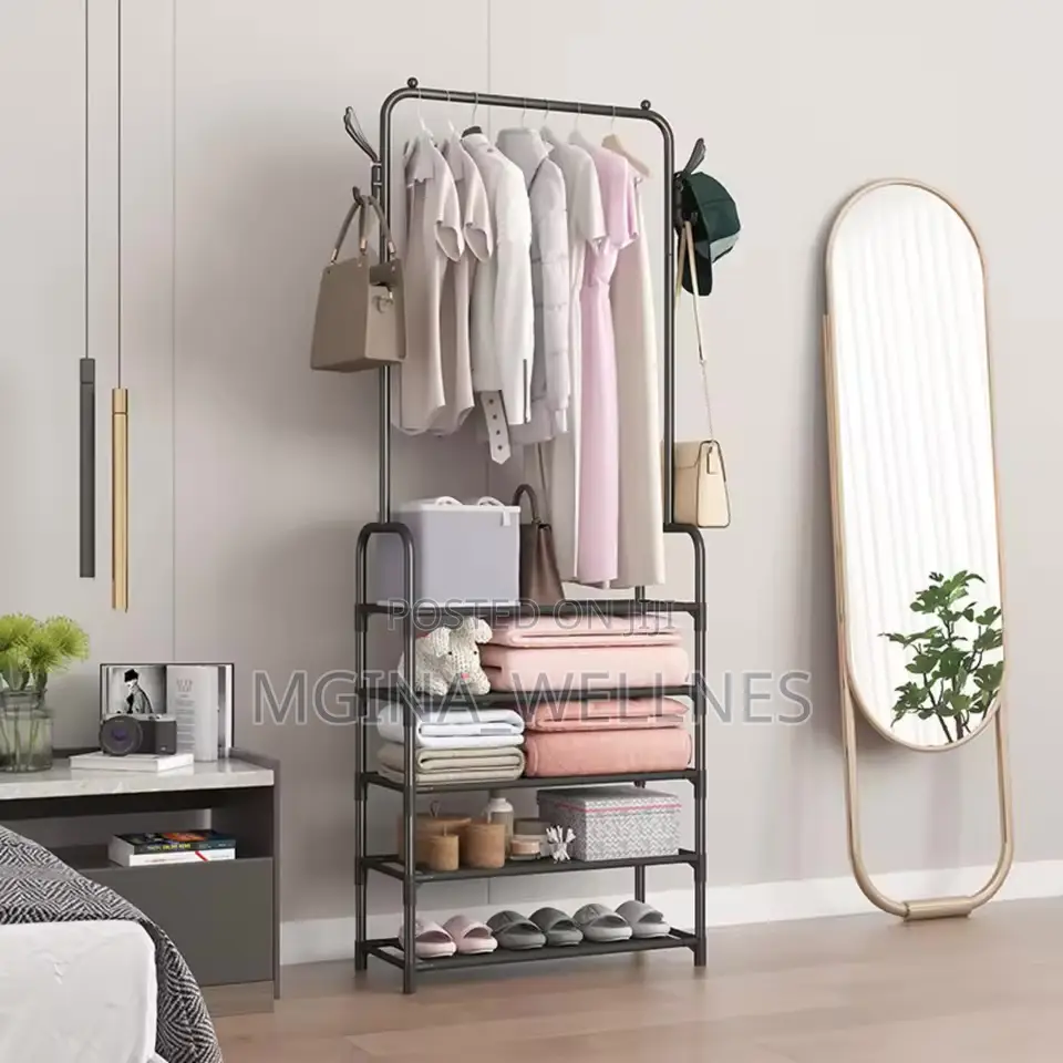 Cloth Storage Rack Floor Standing Shelf Hook Shoe Rack