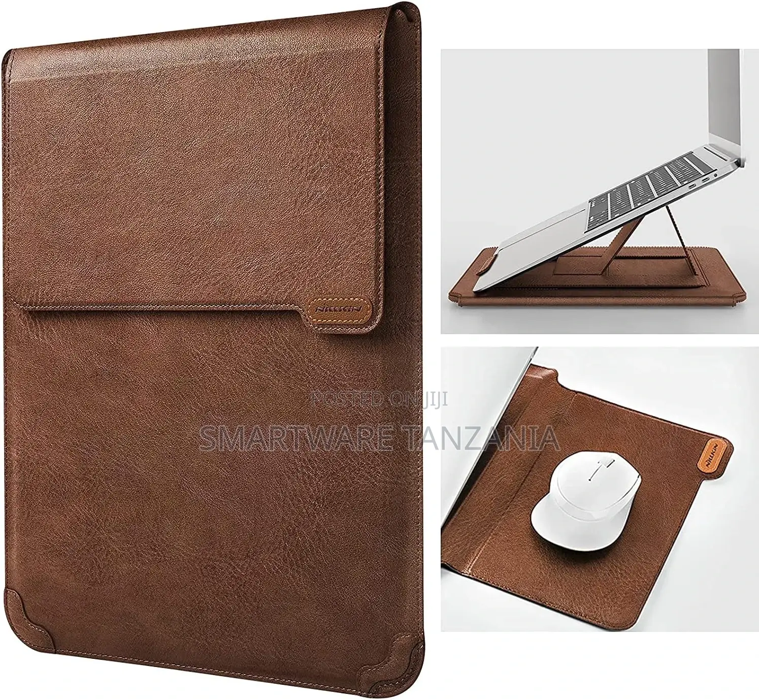 Pu Leather Laptop Sleeve - 15.6 In With Stand - Brown