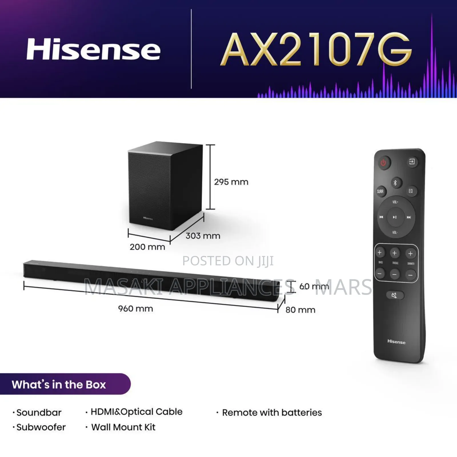 New Hisense Ax2107g 2.1ch Soundbar With Wireless Subwoofer