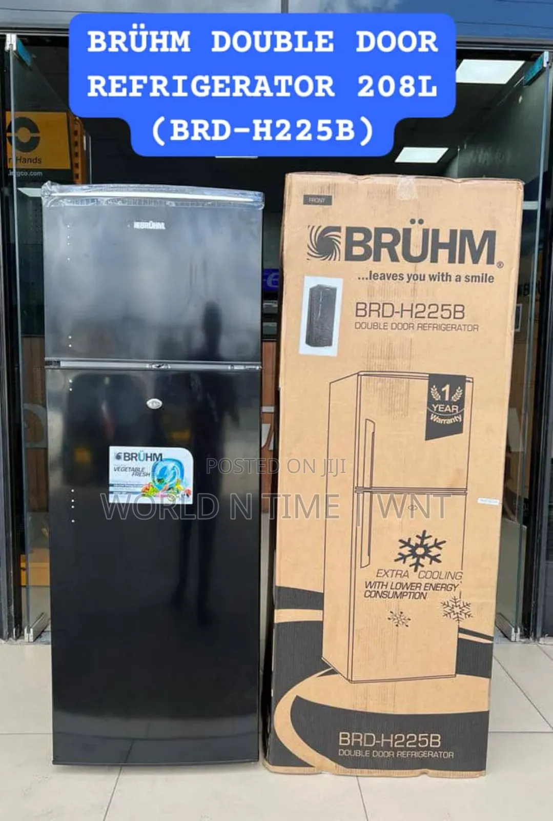 Brühm Double Door Refrigerator 208l (Brd-H225b) Black / Grey