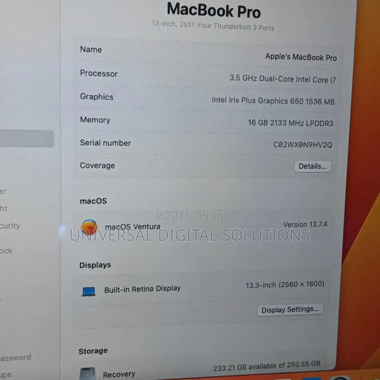 New Laptop Apple MacBook Pro 2017 16GB Intel Core I7 SSD 256GB
