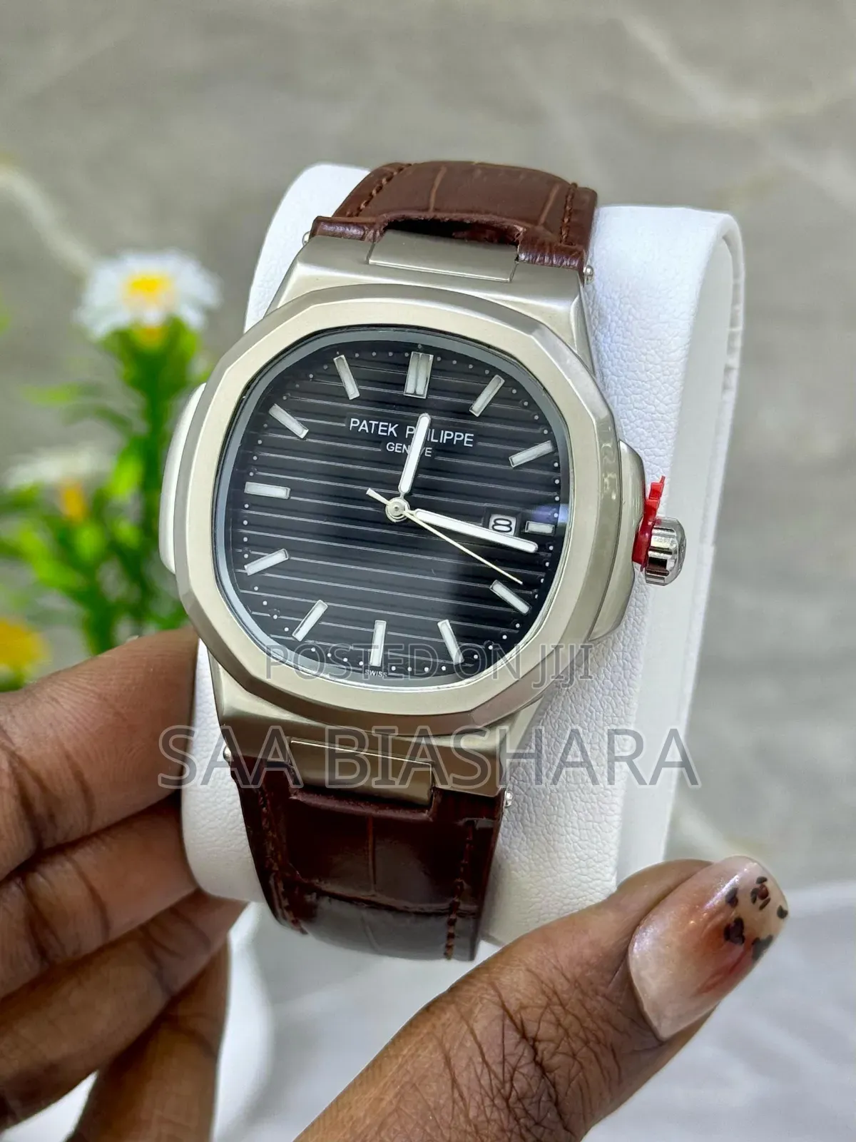 Patek Phillipe Nautilus Leather Brown and Silver Black Case