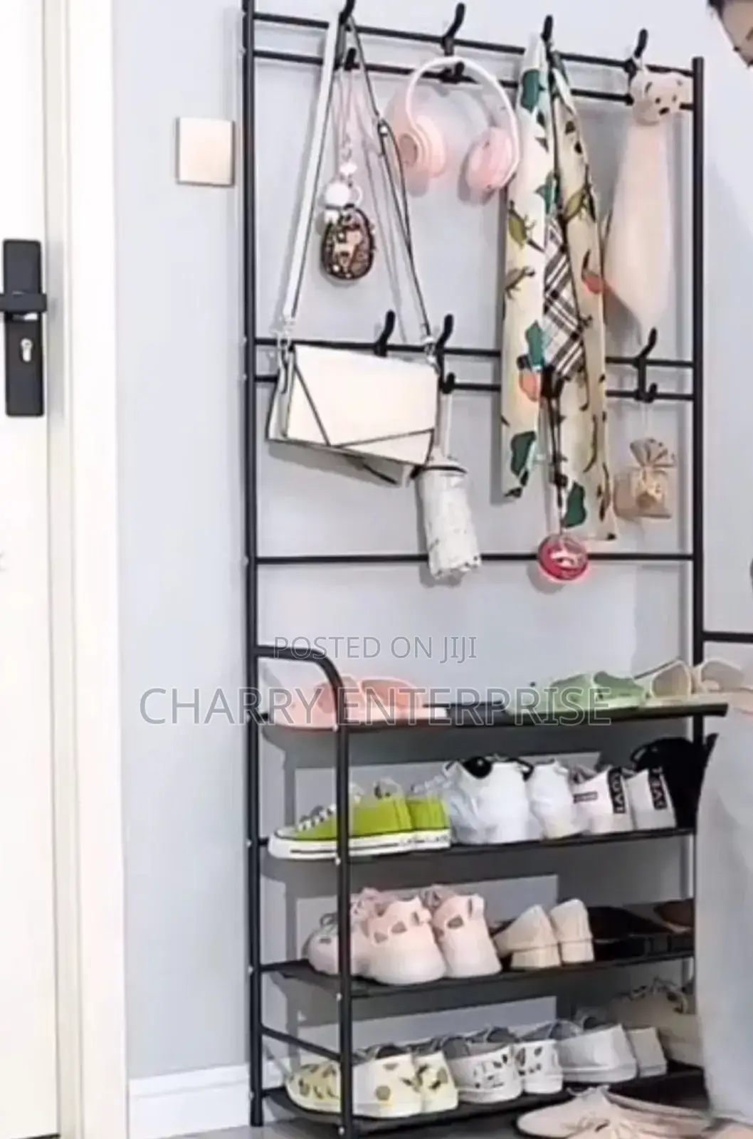 Multifunctional Coat and Shoe Rack With a Metal Frame