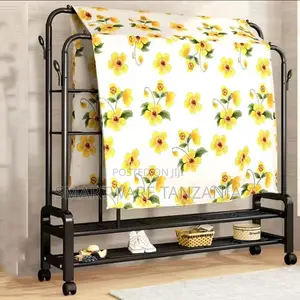 Double Shelf Floor-Standing Household Clothes Rail on Wheels