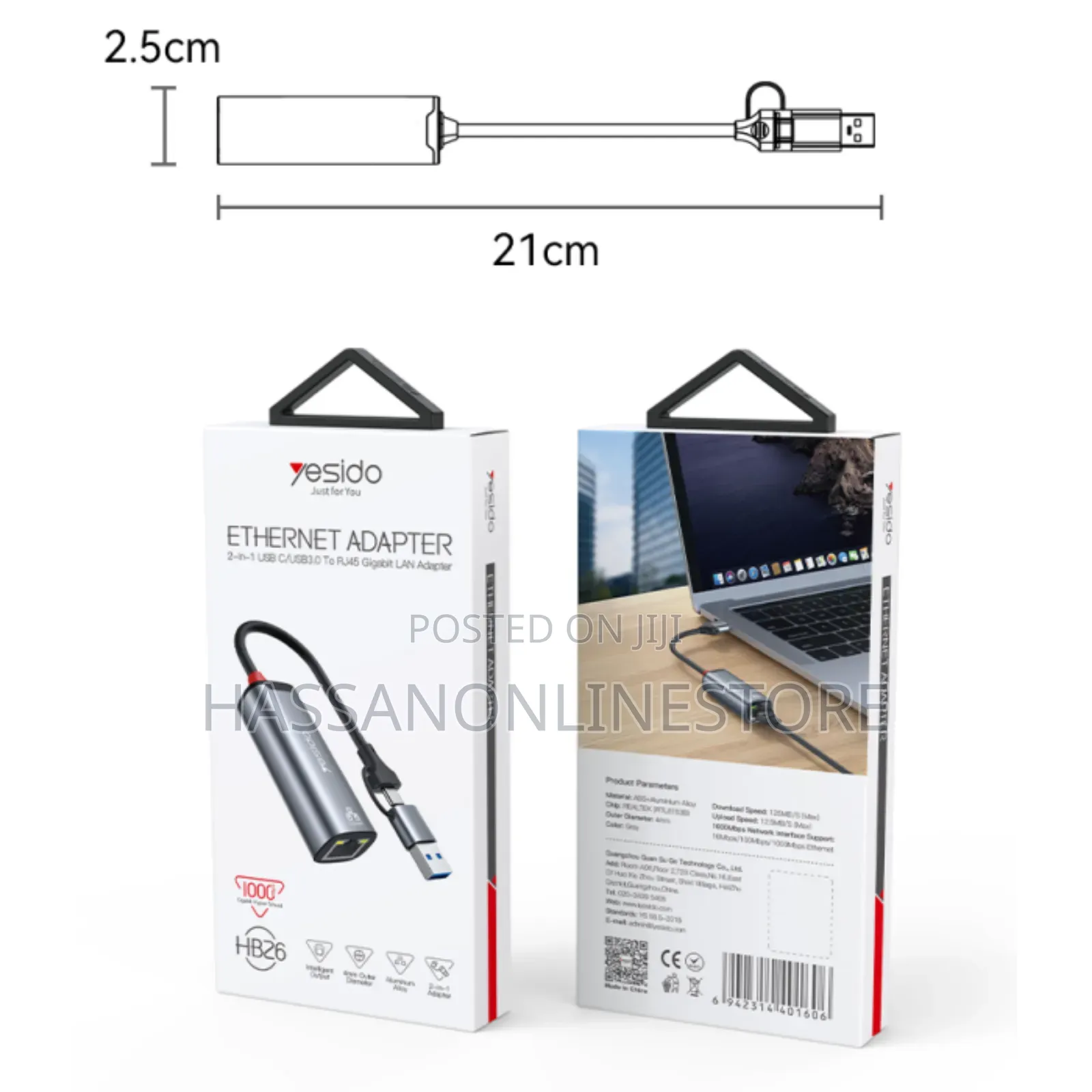 Yesido Hb26 Ethernet Adapter Usbc + Usba to Rj45 1000mbps