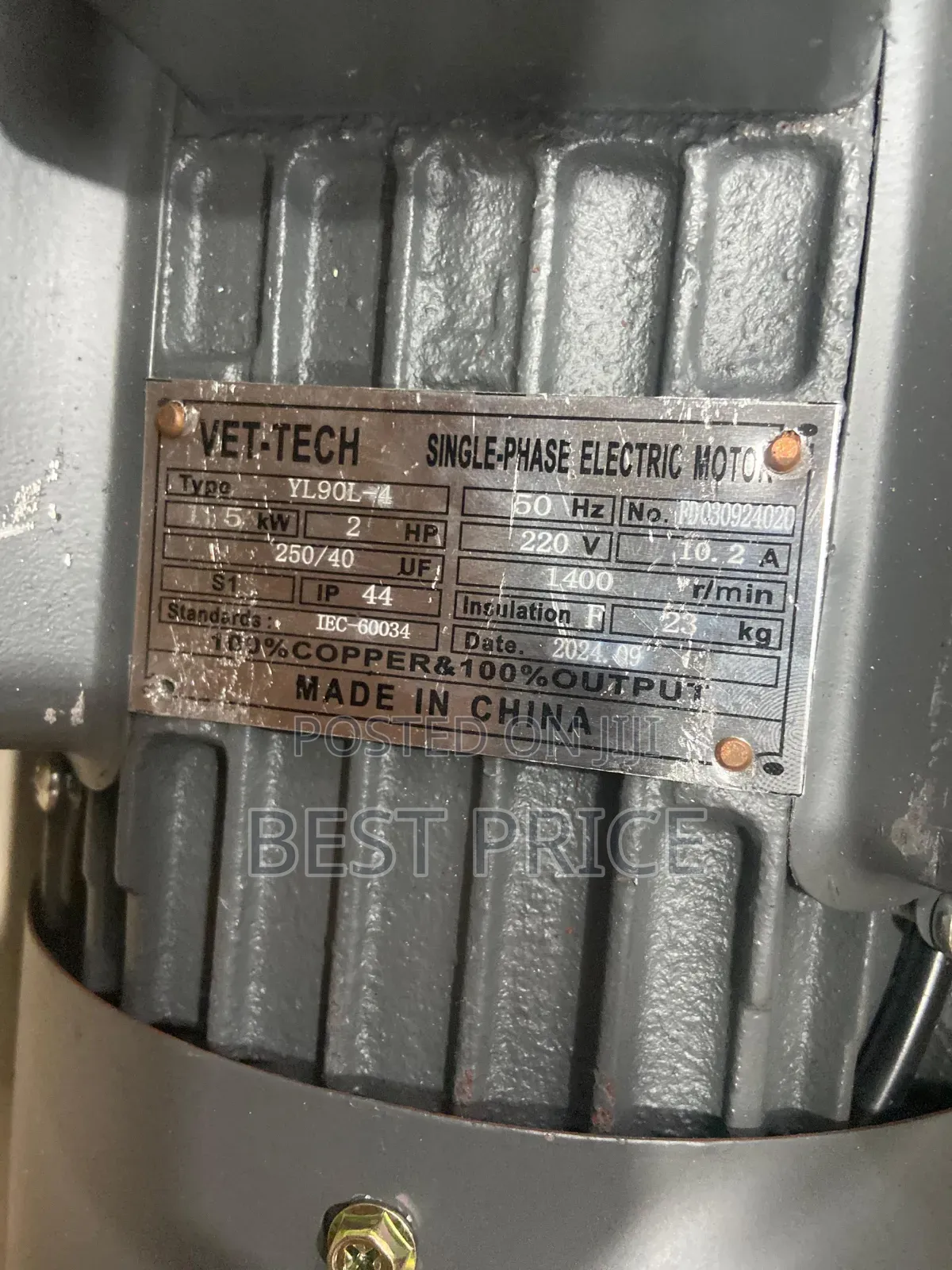 Vet-Tech Single Phase Electric Motor 1400rpm 2 Hp
