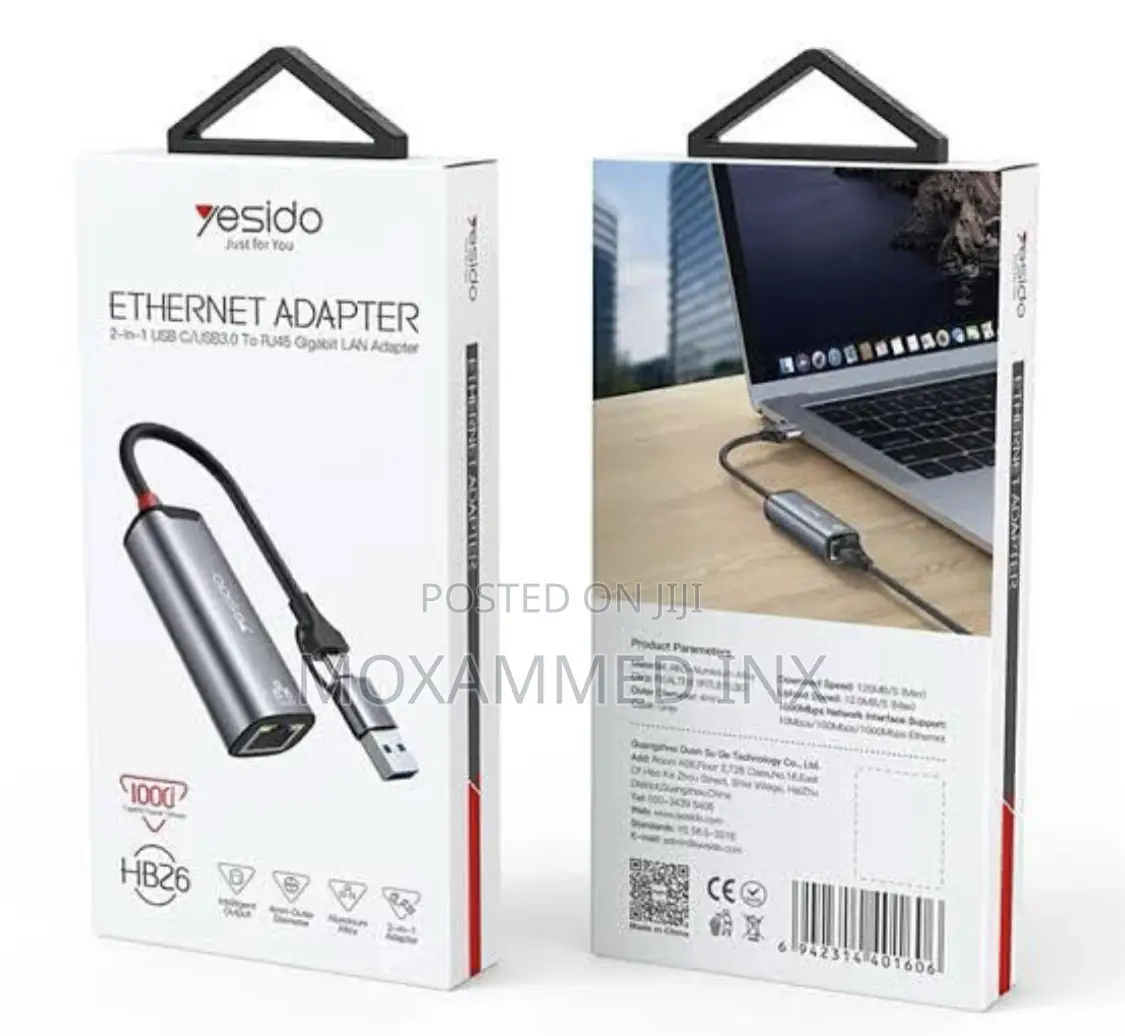 Yesido Hb26 Ethernet Adapter Usbc + Usba to Rj45 1000mbps