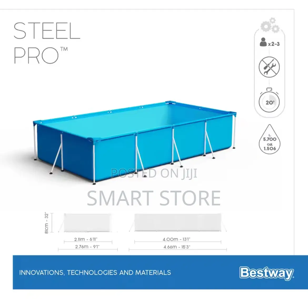 Rectangular Metal-Frame Portable Swimming Pool 221x150x43cm