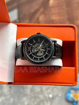 Emporio Armani Automatic Watch Genuine Leather Black
