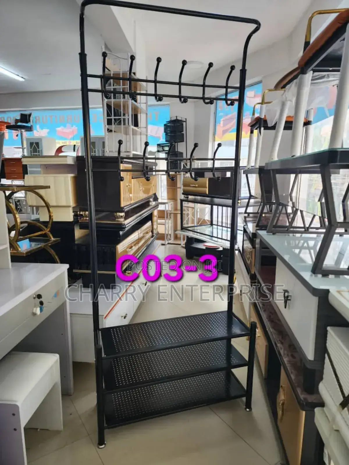 Standard Black Metal Clothes Rack With Hooks and Shelves