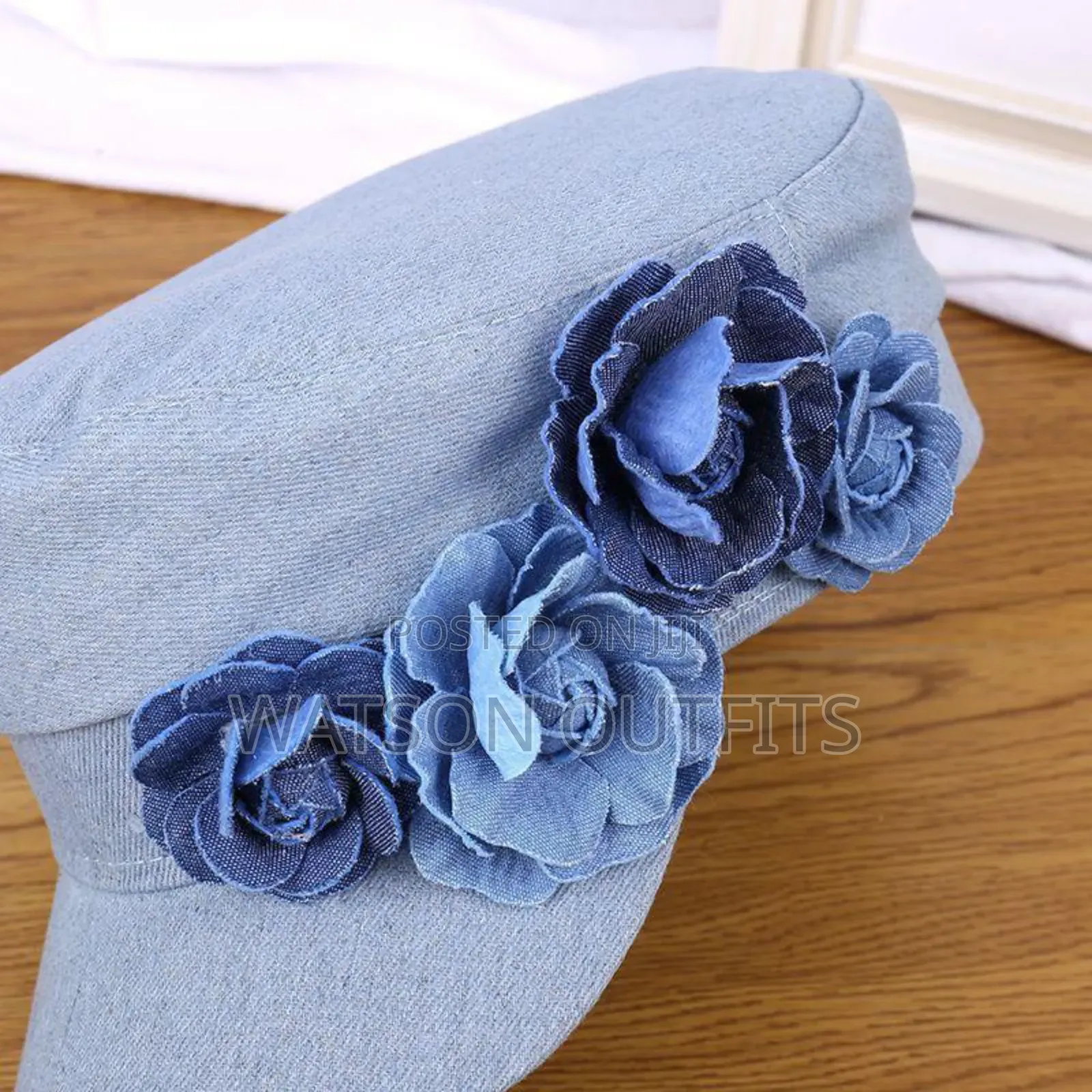 New and Denim Beret Hat With Rose