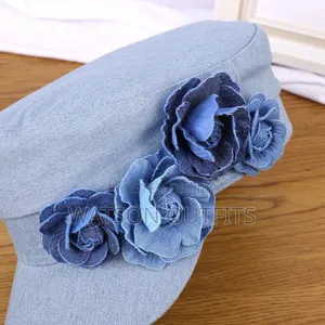 New and Denim Beret Hat With Rose