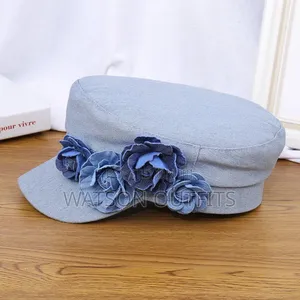 New and Denim Beret Hat With Rose