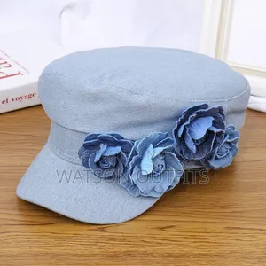 New and Denim Beret Hat With Rose