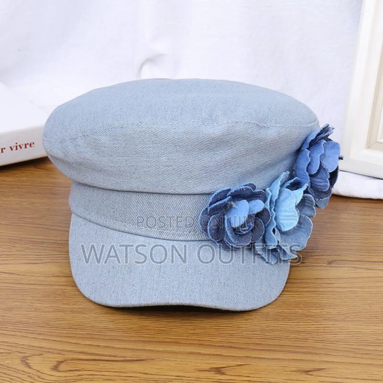 New and Denim Beret Hat With Rose
