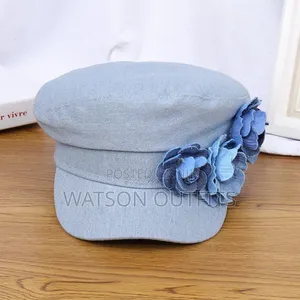 New and Denim Beret Hat With Rose