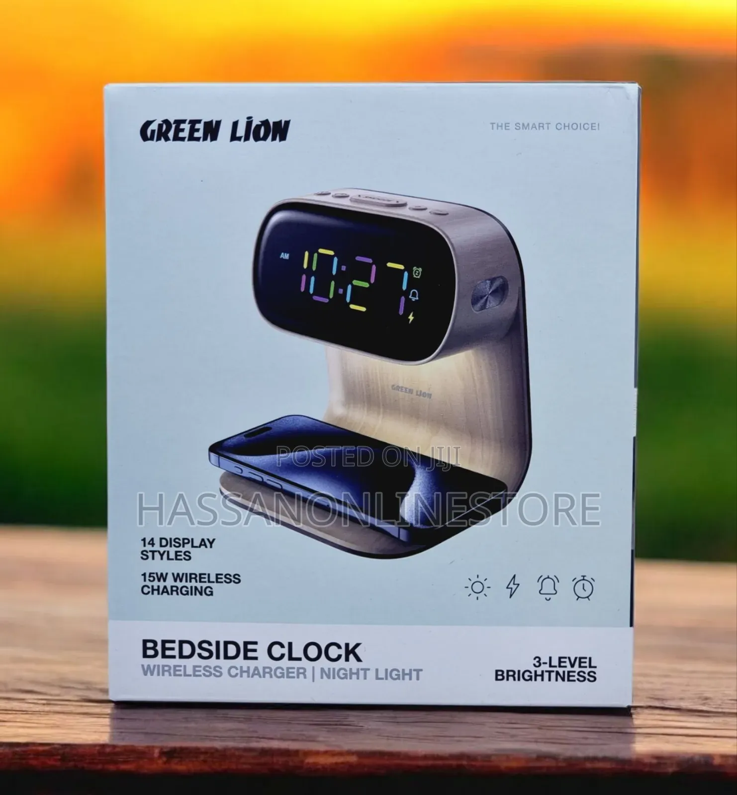 Green Lion Bedside Clock With Wireless Charger - Wood