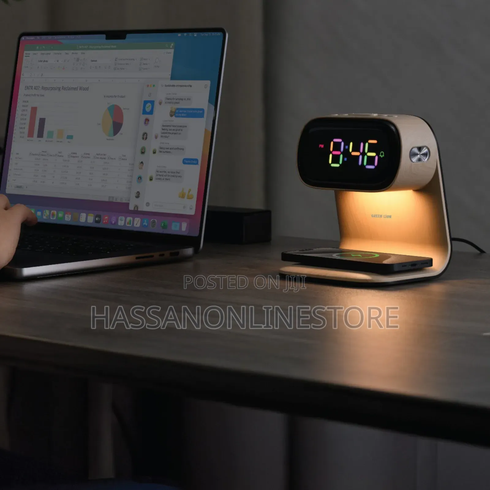 Green Lion Bedside Clock With Wireless Charger - Wood