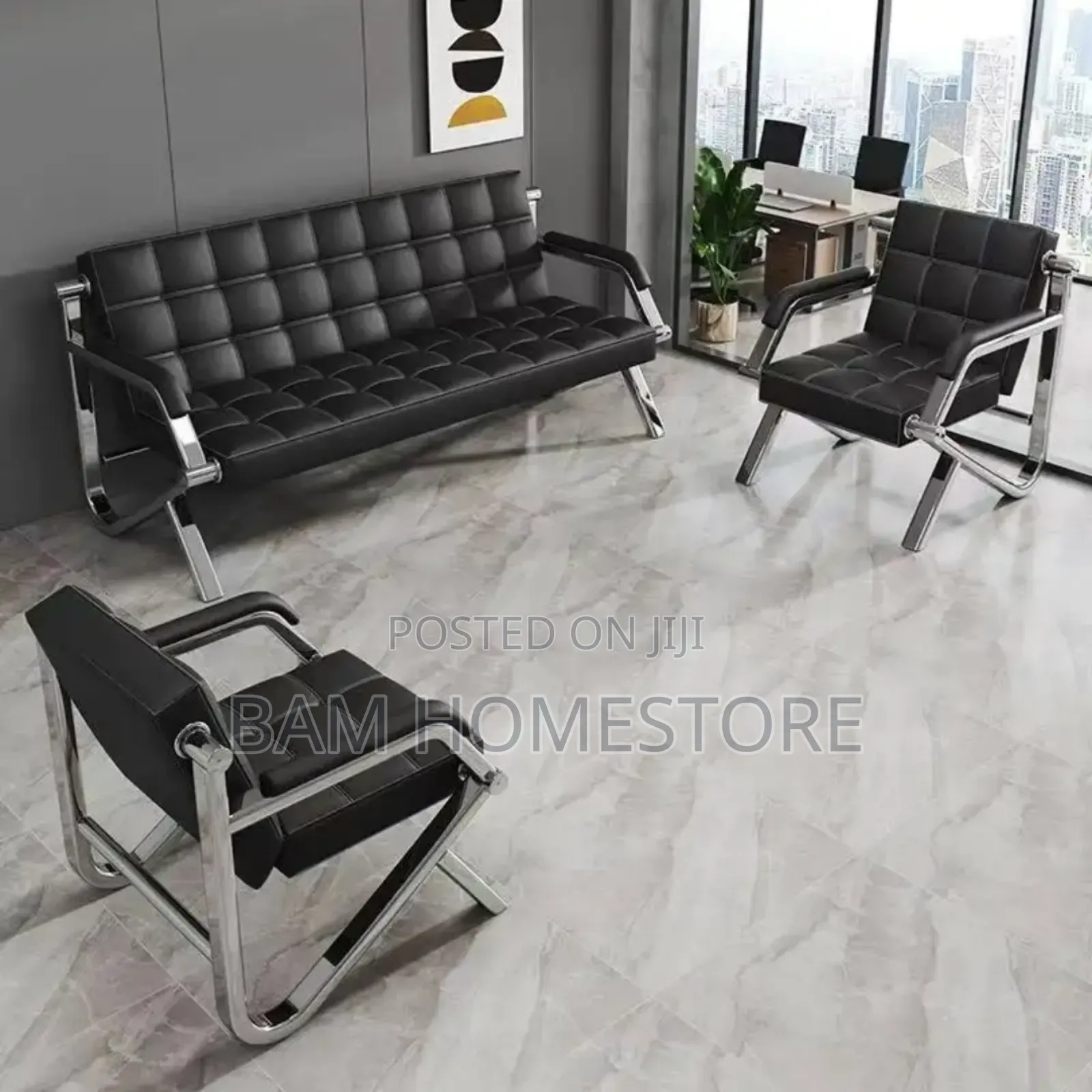 Executive Leather Office Sofa Set - Modern Chrome Waiting Area Chairs