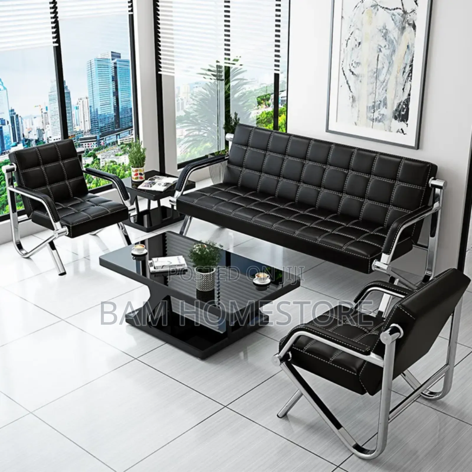 Executive Leather Office Sofa Set - Modern Chrome Waiting Area Chairs