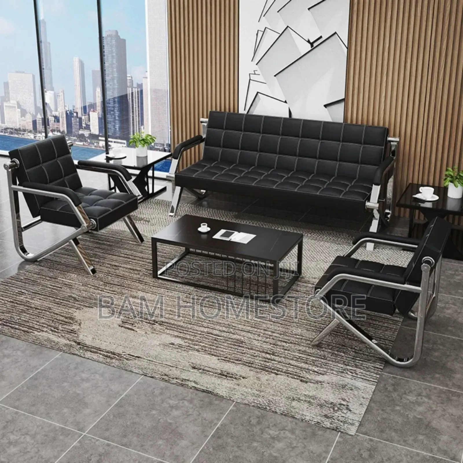 Executive Leather Office Sofa Set - Modern Chrome Waiting Area Chairs