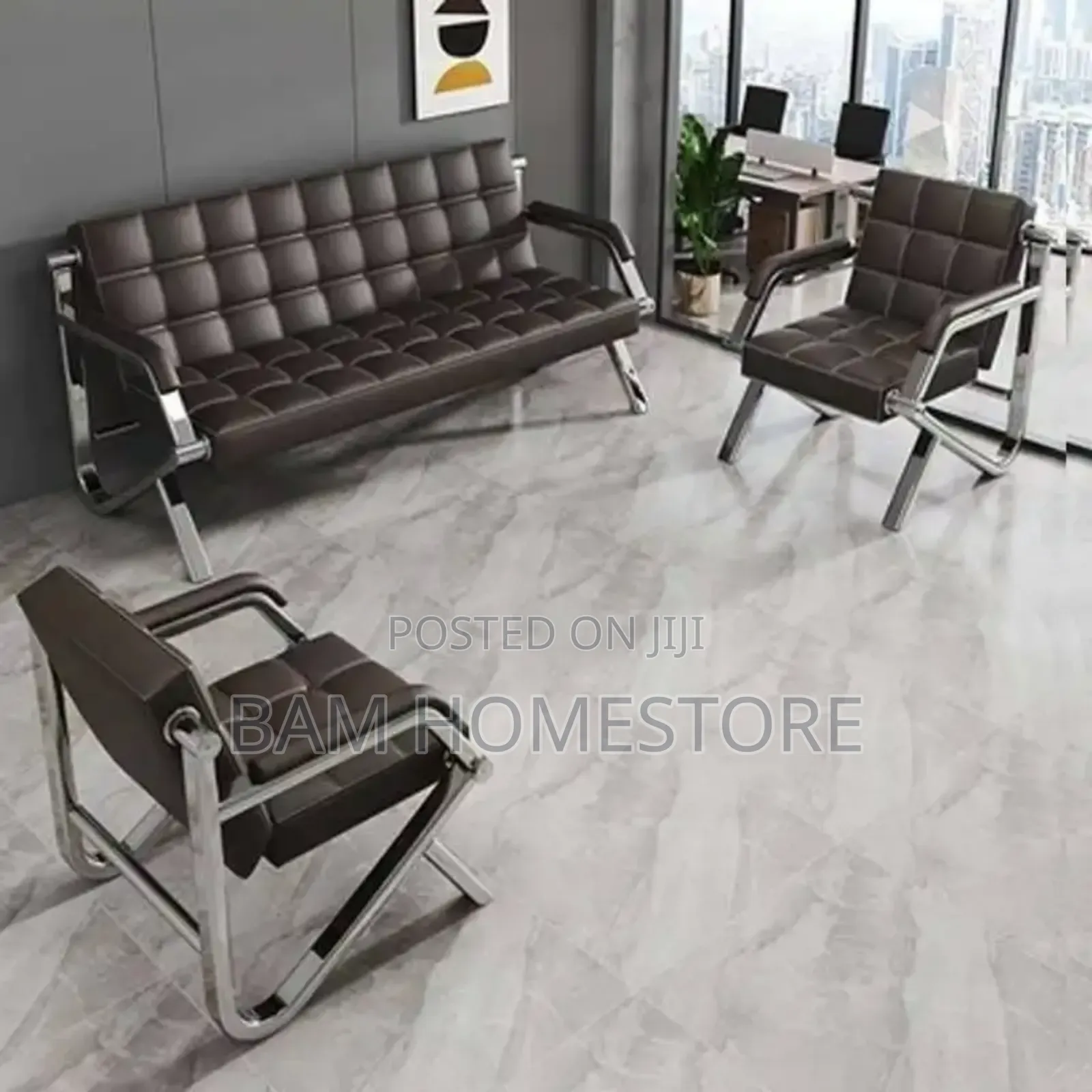 Executive Leather Office Sofa Set - Modern Chrome Waiting Area Chairs