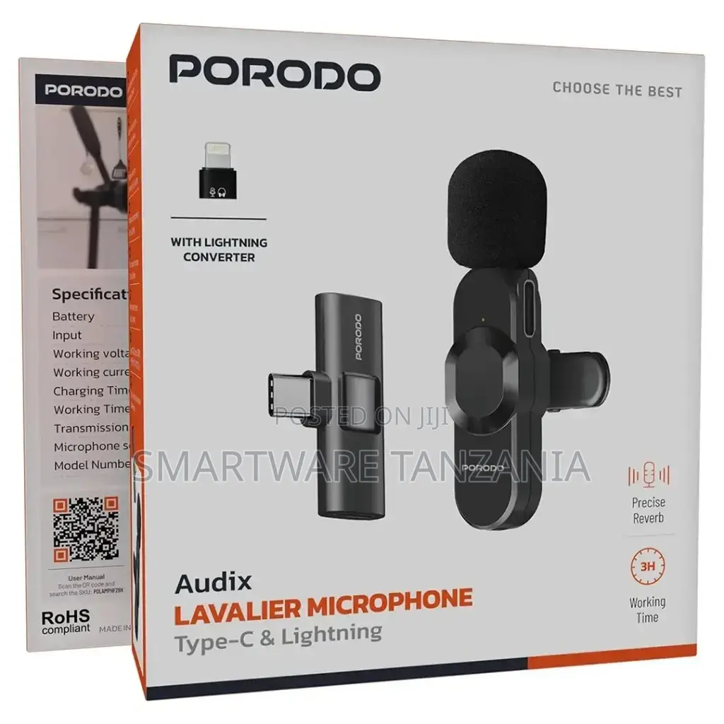 Porodo Audix Lavalier Microphone Type-C Lightning, Black