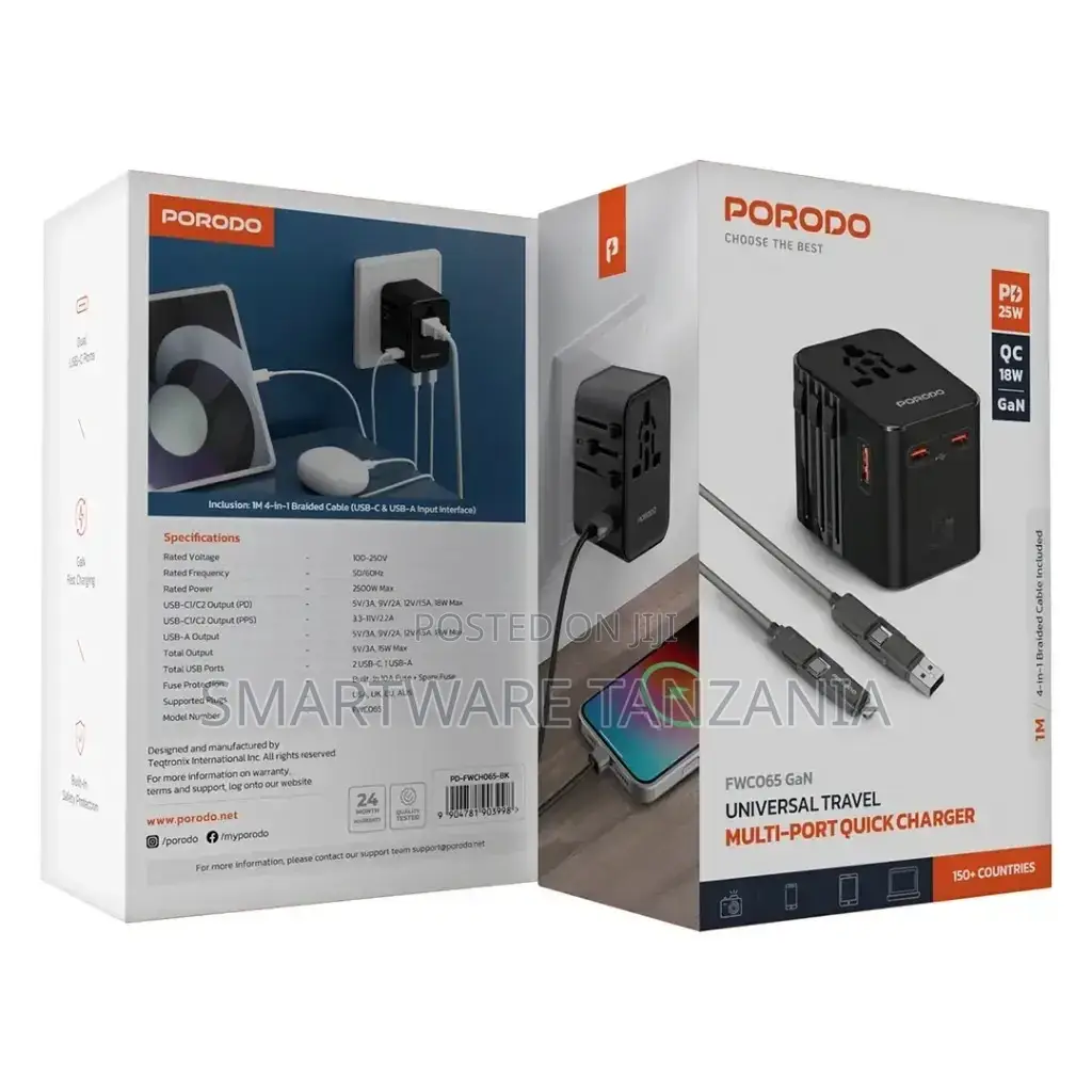 Porodo Gan Universal Travel Multi-port Quick Charger, Black