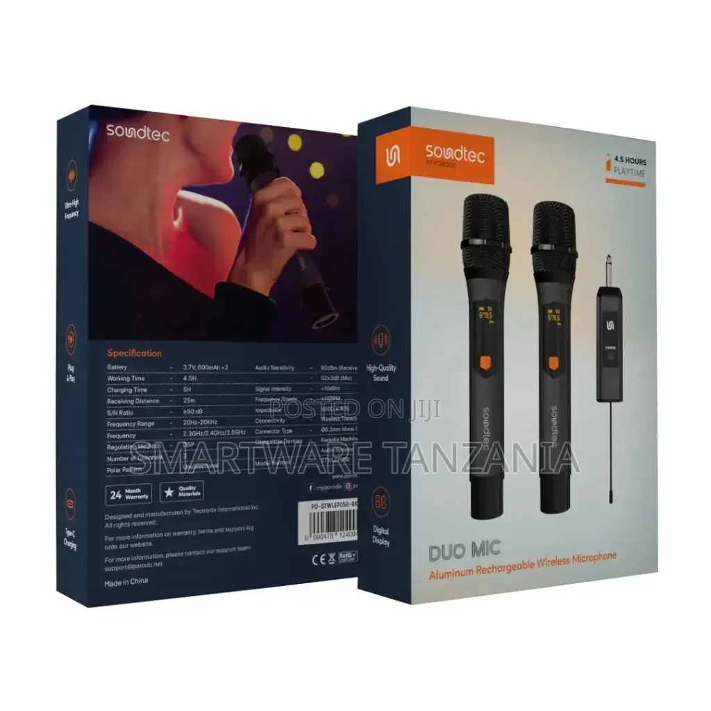 Porodo Duo Mic Rechargeable Wireless Microphone - Black