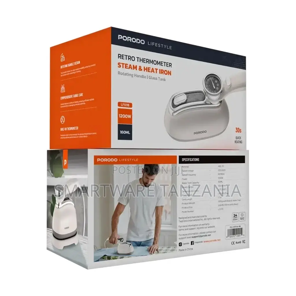 Porodo Lifestyle Retro Thermometer Steam Heat Iron, White