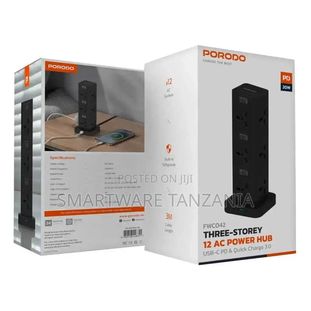 Three-Story 12ac Power Hub With Usb-C Pd Quick Charge 3.0