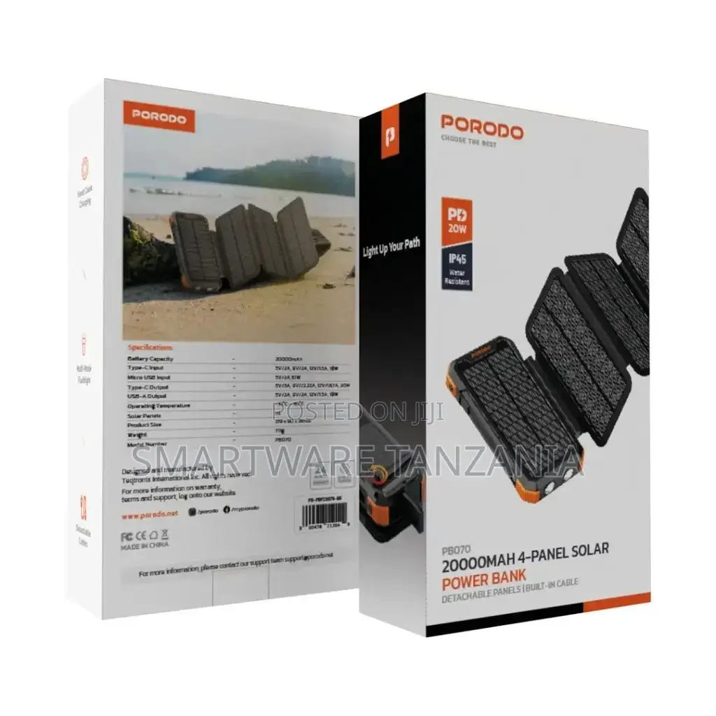 Porodo Power Bank 20000mah 4-panel Solar - Black
