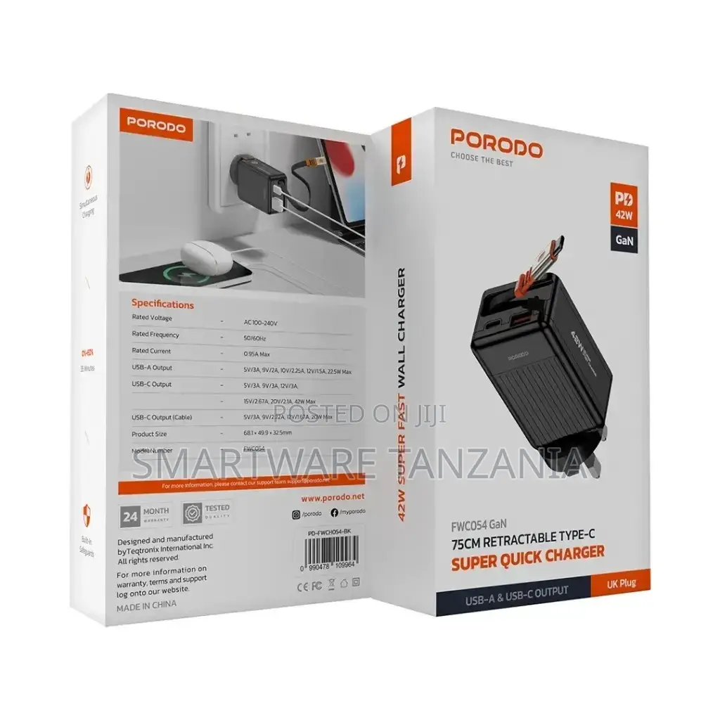 Porodo 75cm Retractable Type-c Super Quick Gan Charger