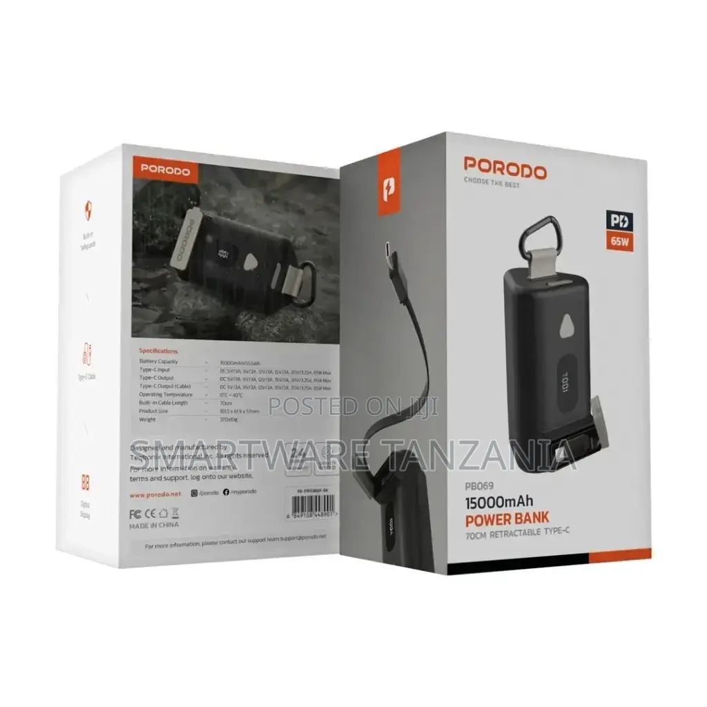 Porodo Power Bank 15000mah With Type-c Retractable Cable