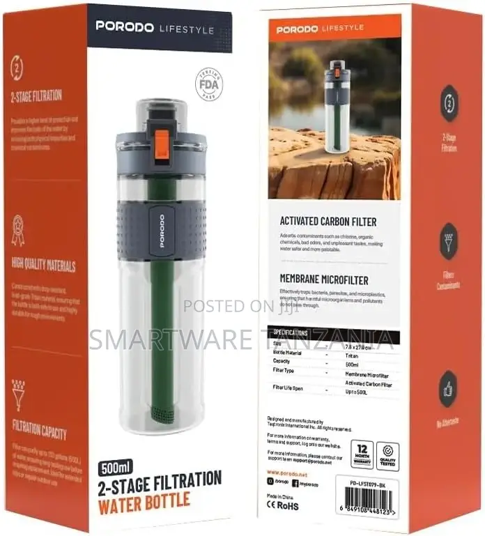 Porodo Lifestyle 2-stage Filtration Water Bottle - Black