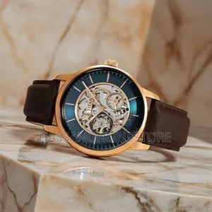 Titan Skeletal Automatic Blue Dial Brown Leather Strap Watch
