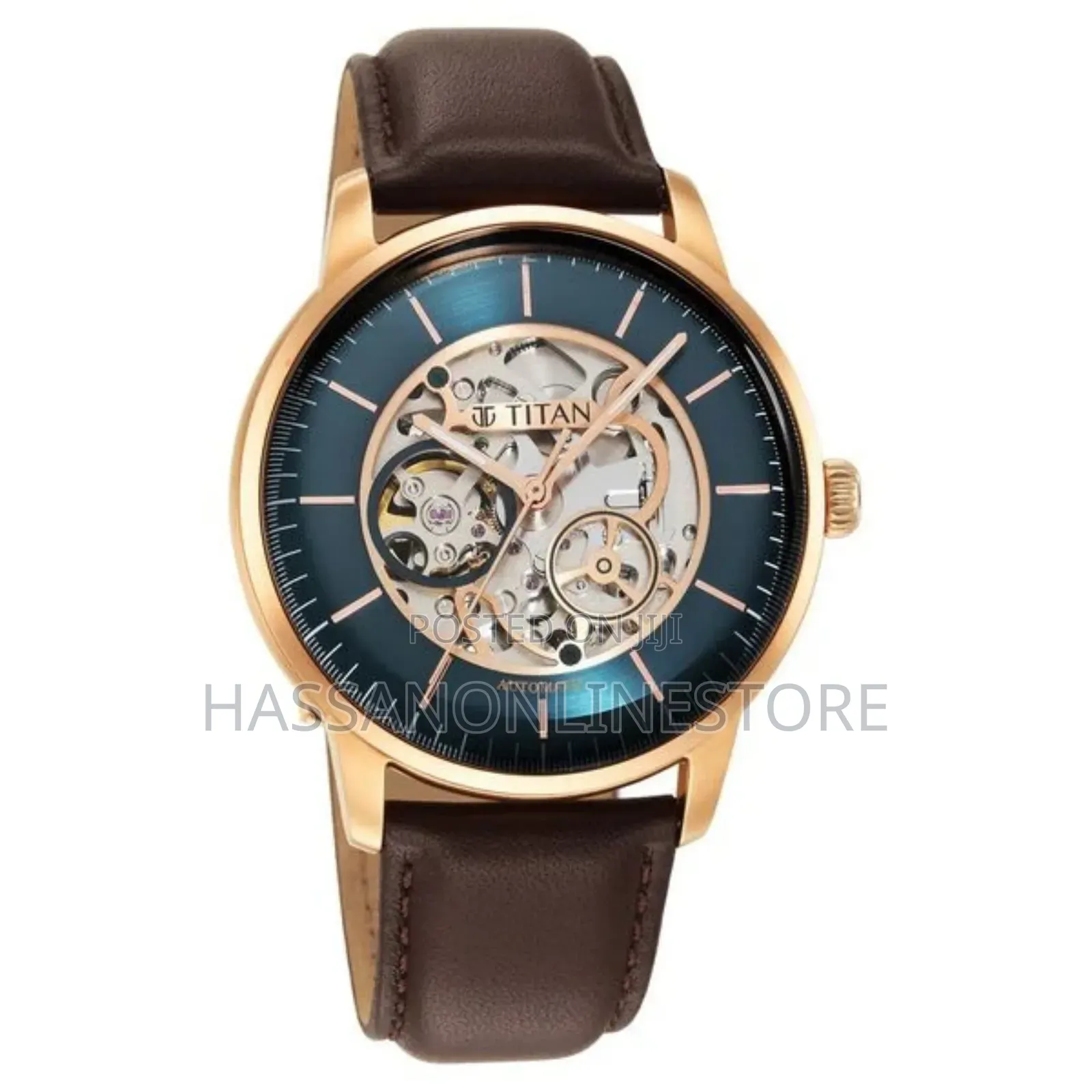 Titan Skeletal Automatic Blue Dial Brown Leather Strap Watch
