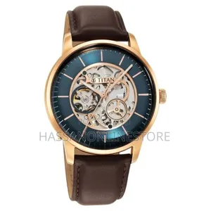 Titan Skeletal Automatic Blue Dial Brown Leather Strap Watch