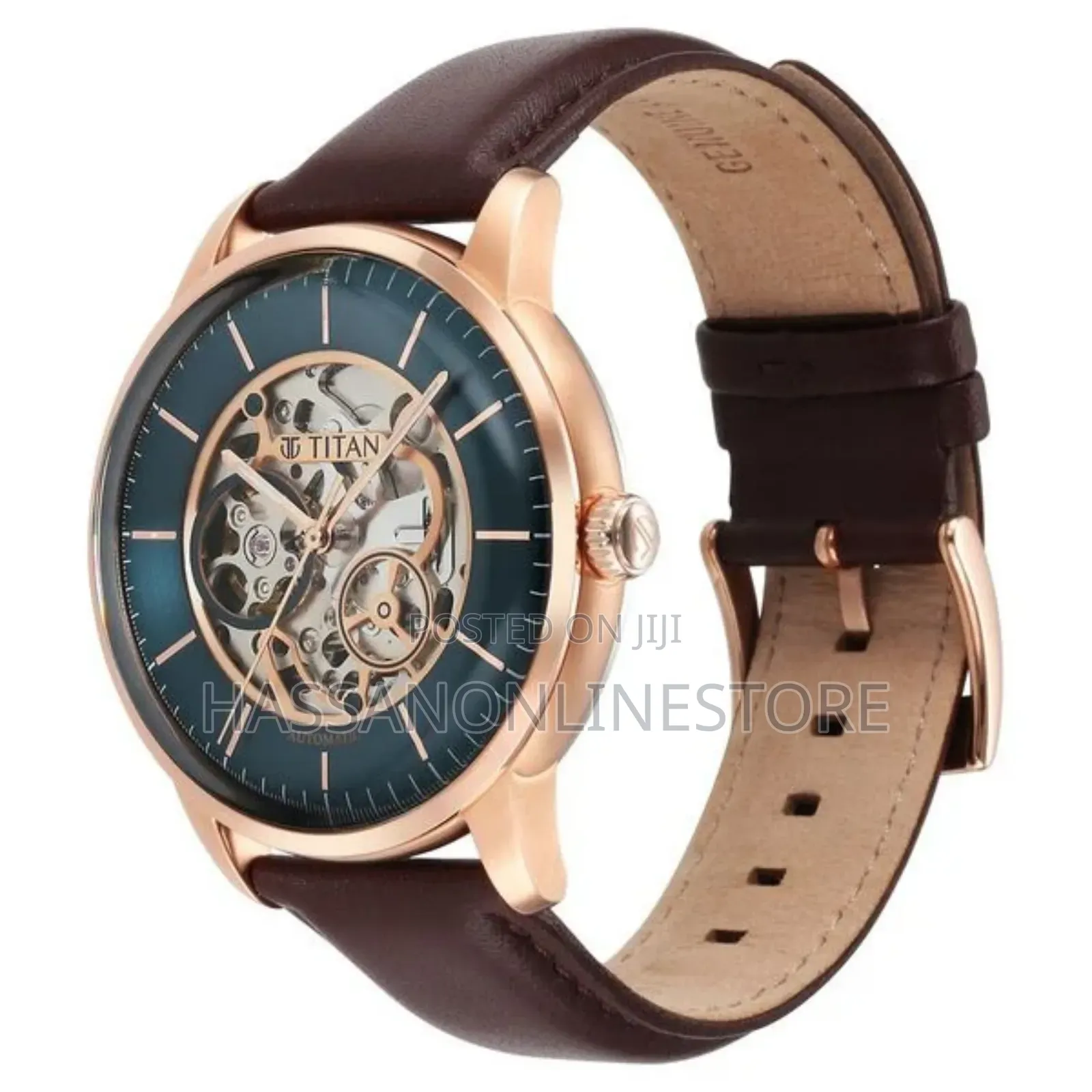 Titan Skeletal Automatic Blue Dial Brown Leather Strap Watch