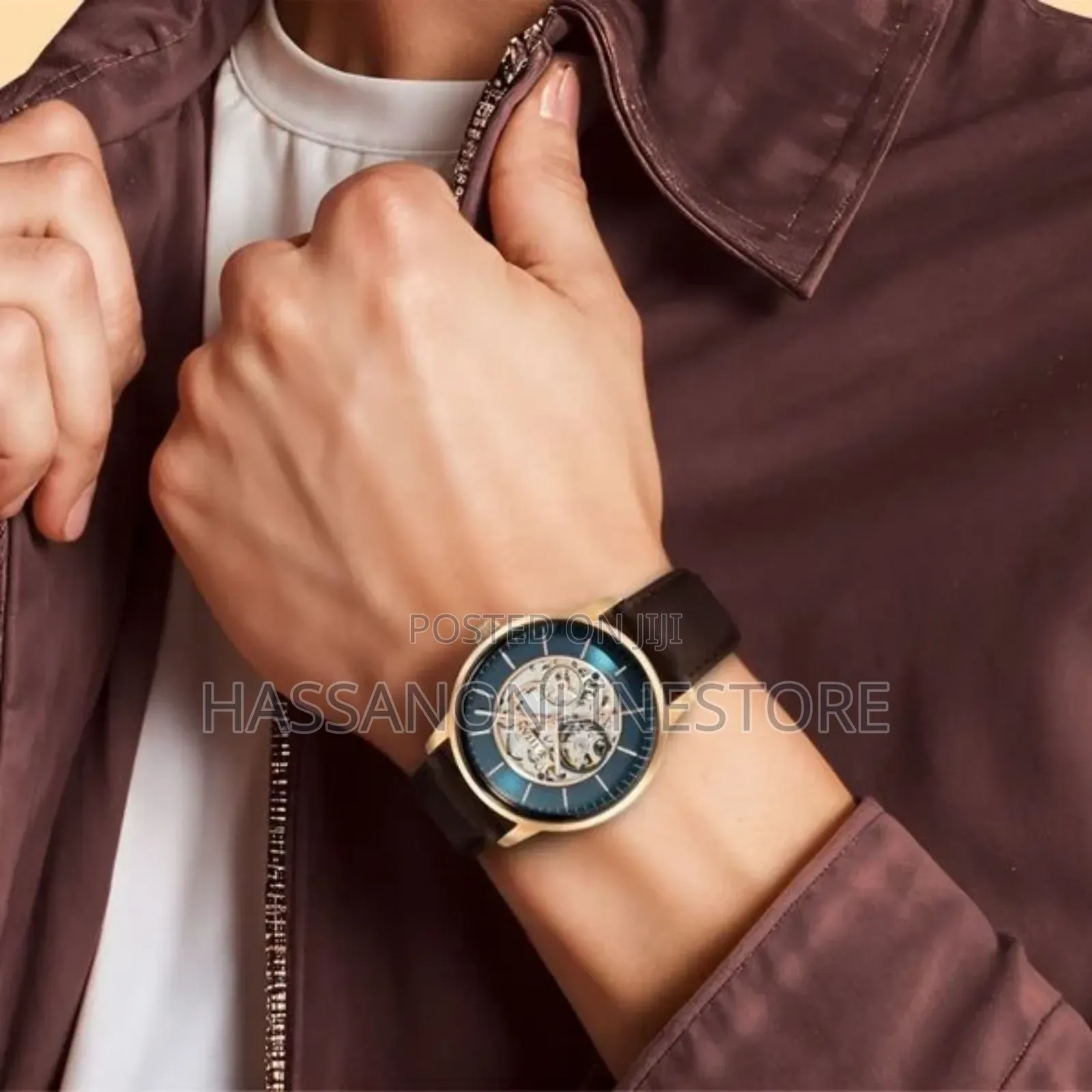 Titan Skeletal Automatic Blue Dial Brown Leather Strap Watch