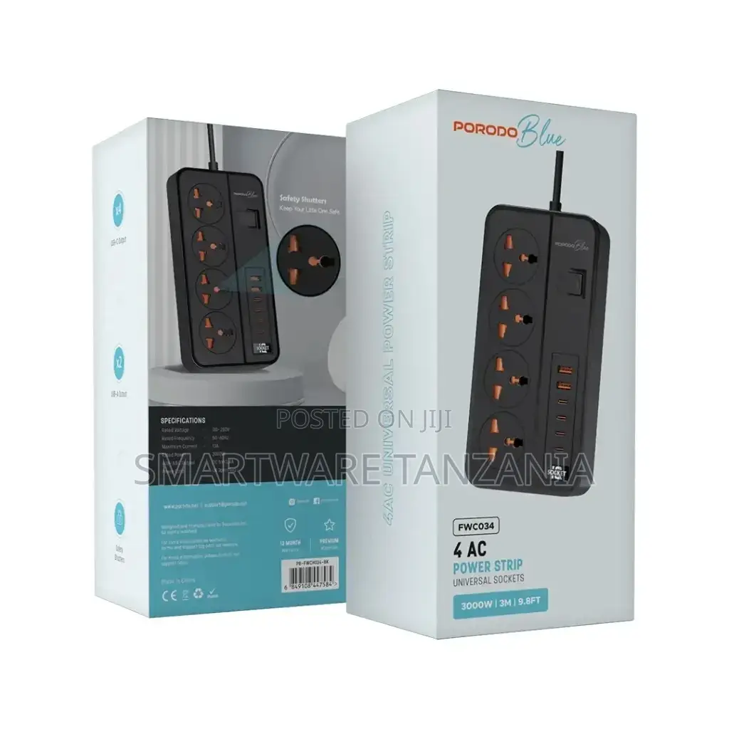 Porodo Blue 4 Ac Power Strip - Black