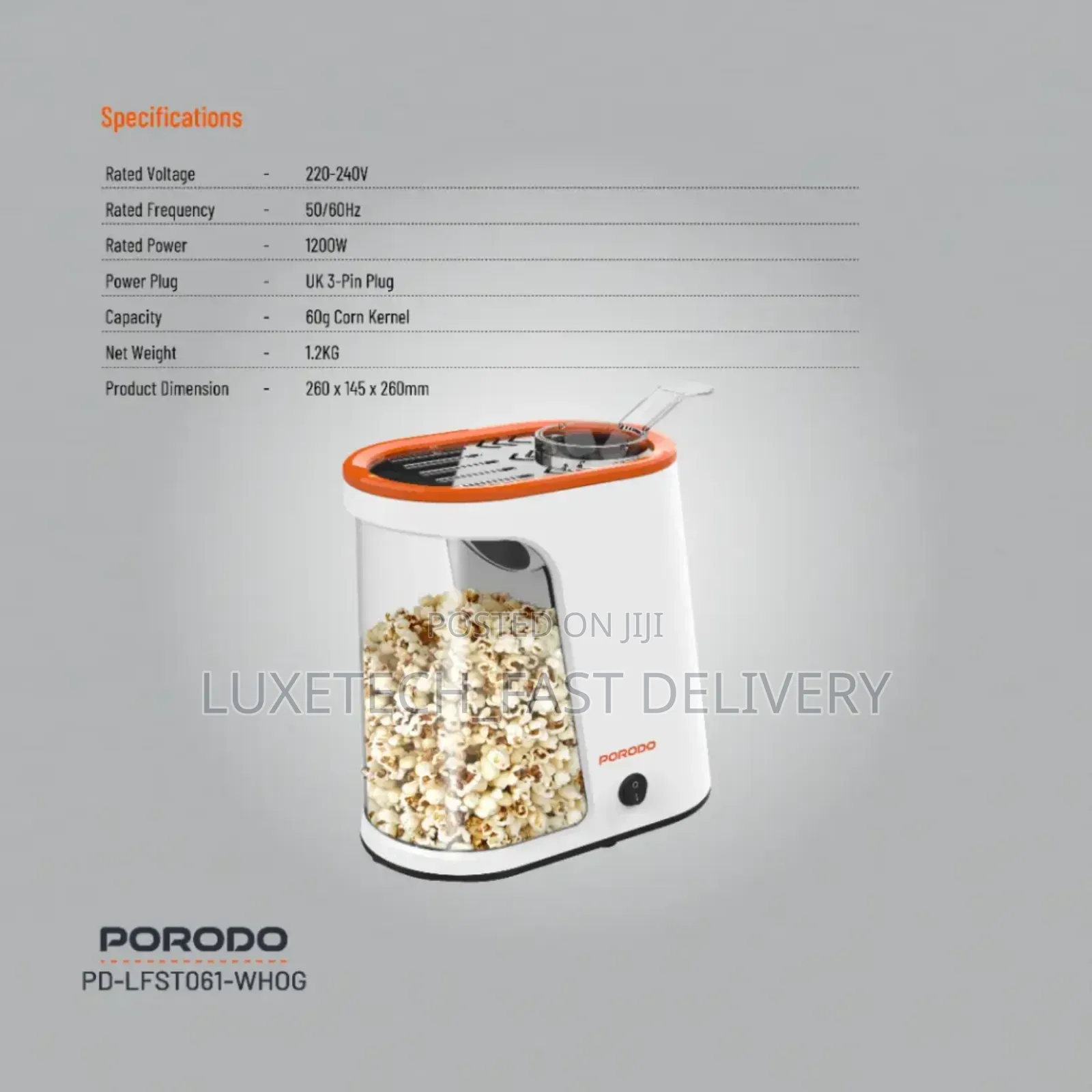 Porodo Air-Popped Popcorn Maker - Oil-Free Popping