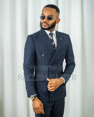 Brand Ricardo Double-Breasted Navy Blue Suit With a Pinstripe Pattern