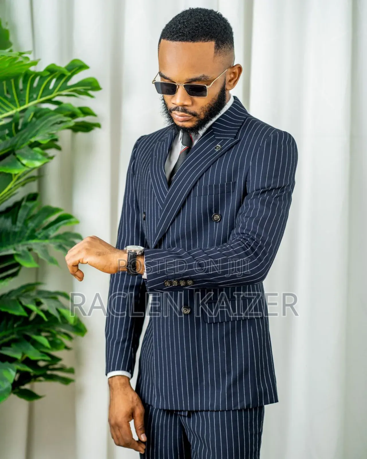 Brand Ricardo Double-Breasted Navy Blue Suit With a Pinstripe Pattern