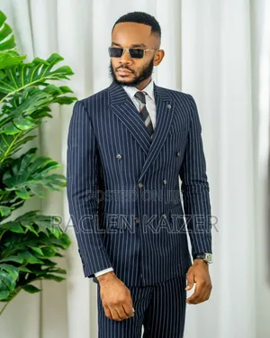 Brand Ricardo Double-Breasted Navy Blue Suit With a Pinstripe Pattern