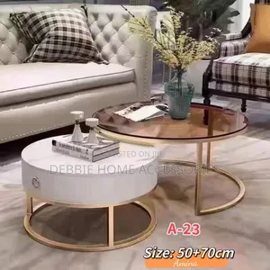 Coffe Table Set of 2 Round Shape With Drawer Storage