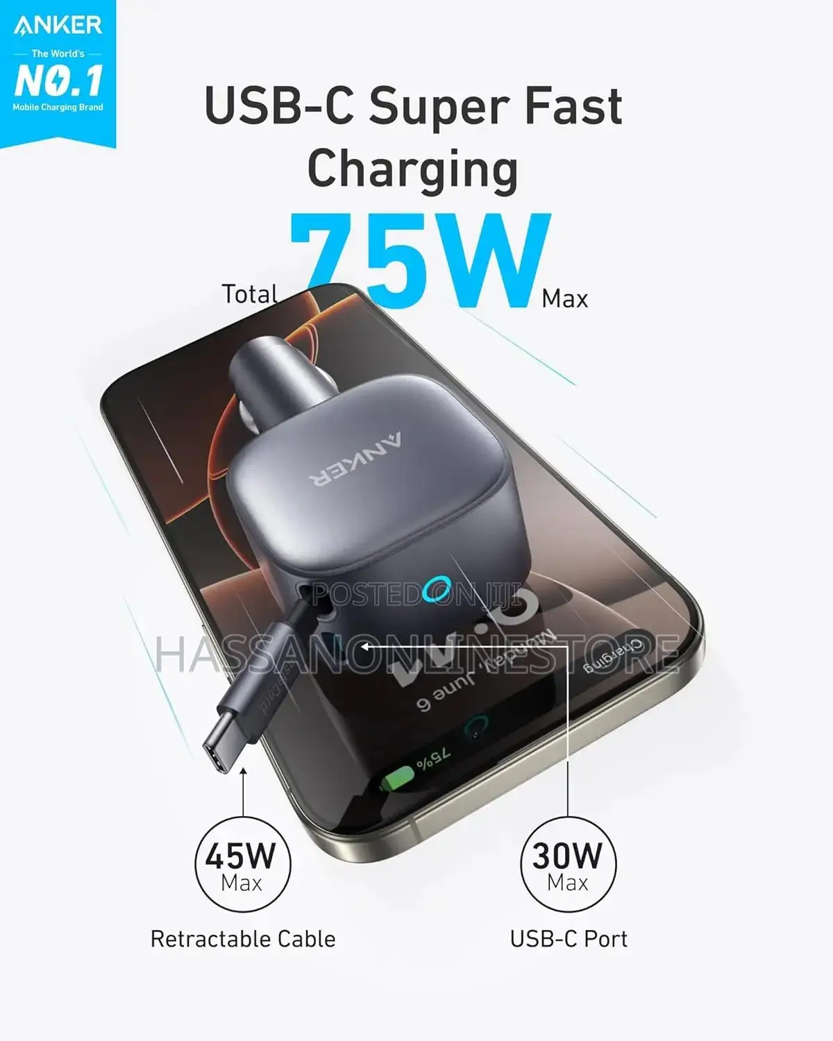 Anker Nano 75w Usb-C Car Charger With Built-in Retractable Usb-C Cable