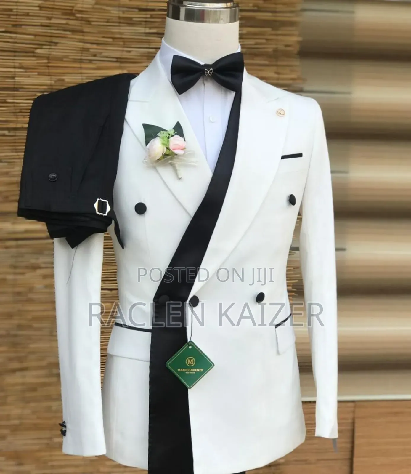 Double-Breasted Tuxedo Suit With a White Base Color and Black Accents