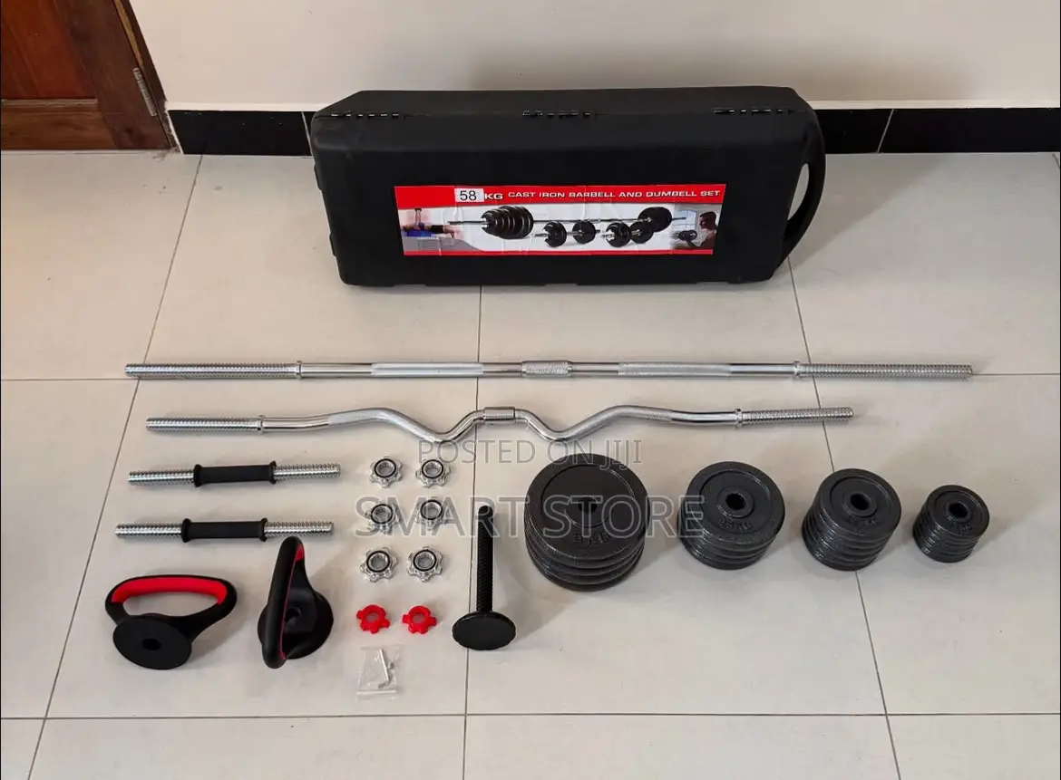 58kg Adjustable Barbell, Dumbbell Kettlebell Set